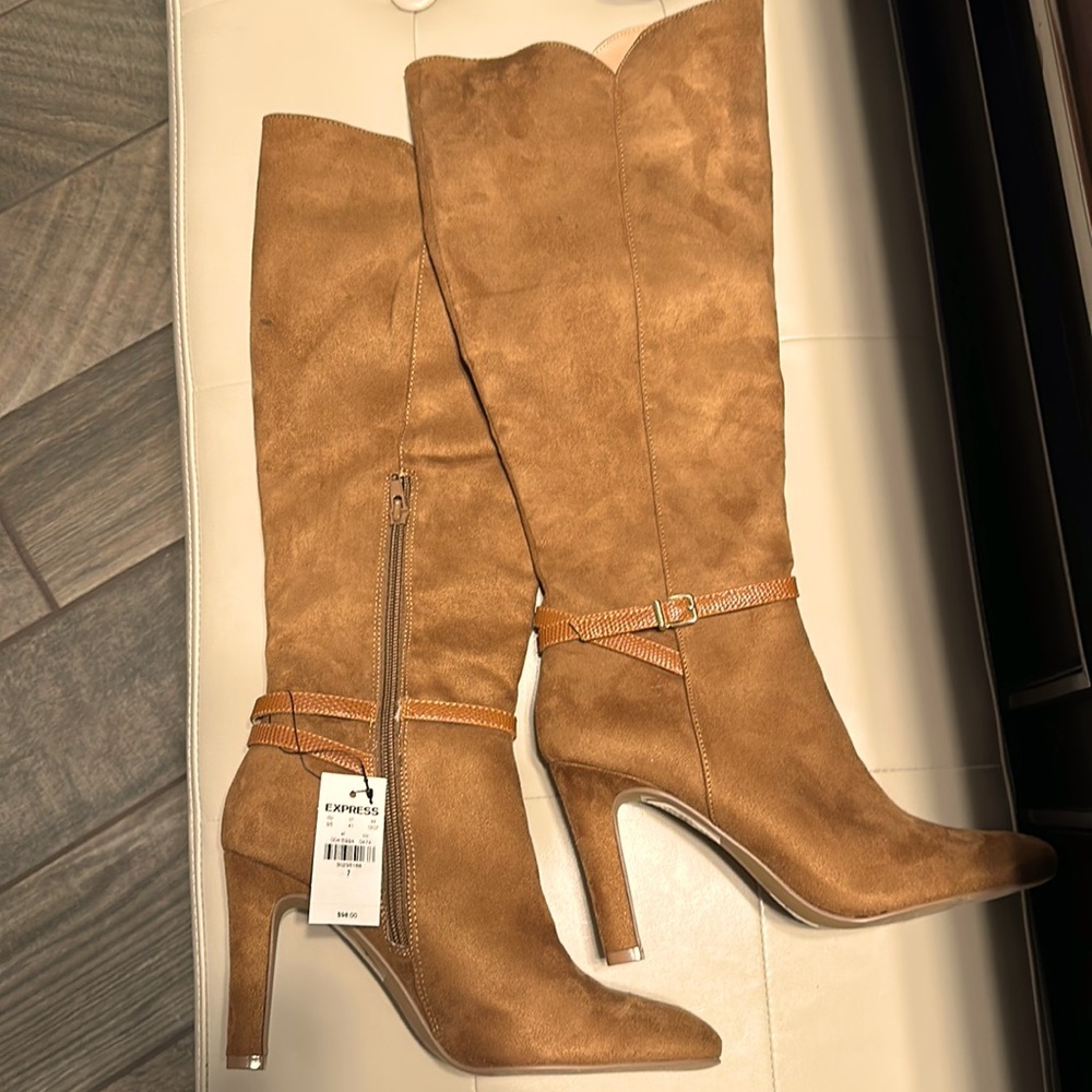 Express faux suede heeled boots